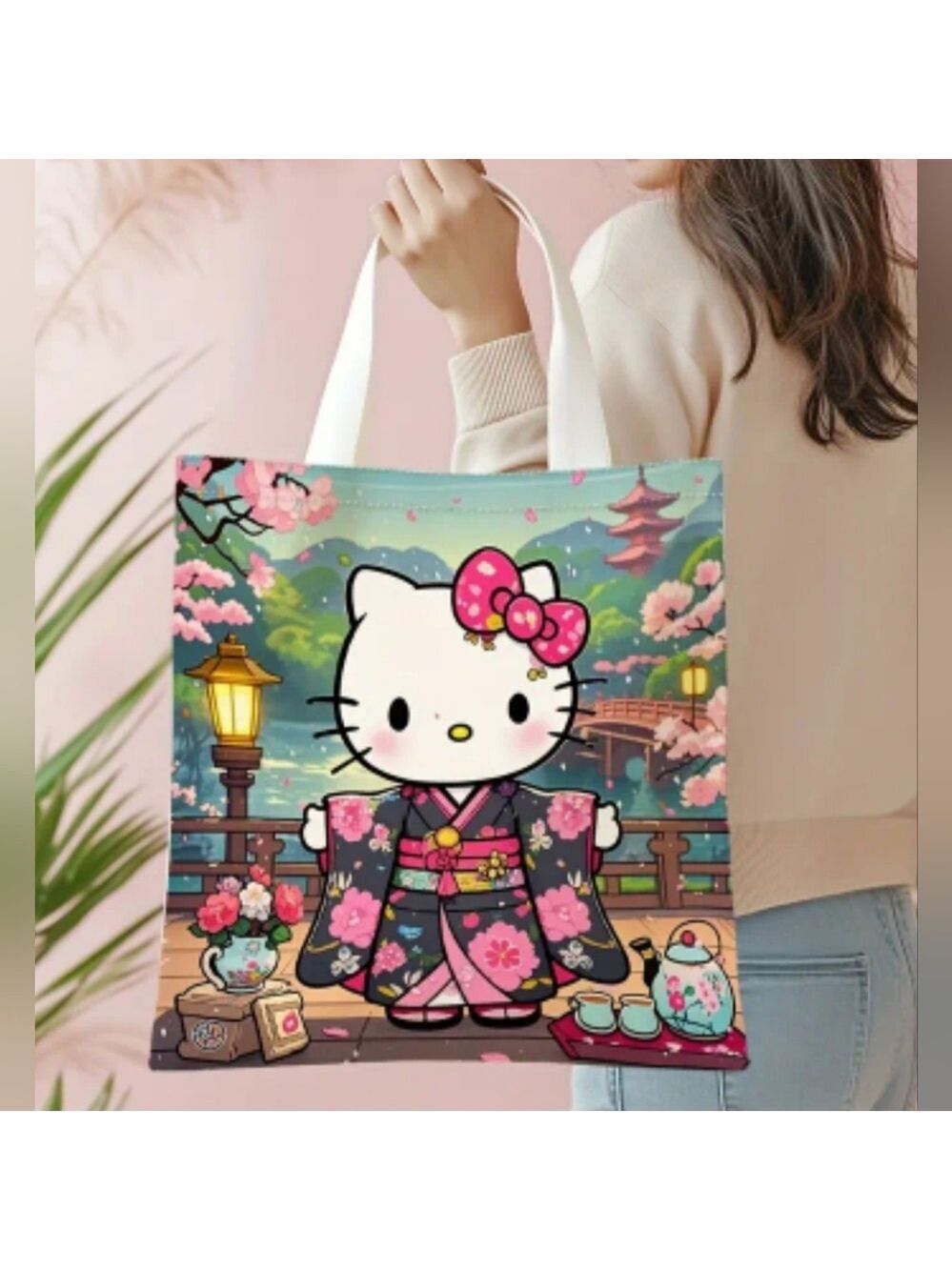 Hello Kitty Black & Pink Kimomo With Cherry Blossoms Tote Bag